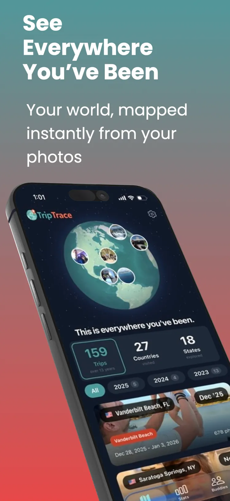 TripTrace map showing visited locations